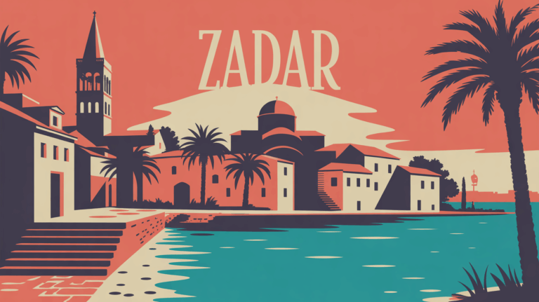 Vue stylisee de la vieille ville de Zadar, escaliers vers la mer et lumieres dorees