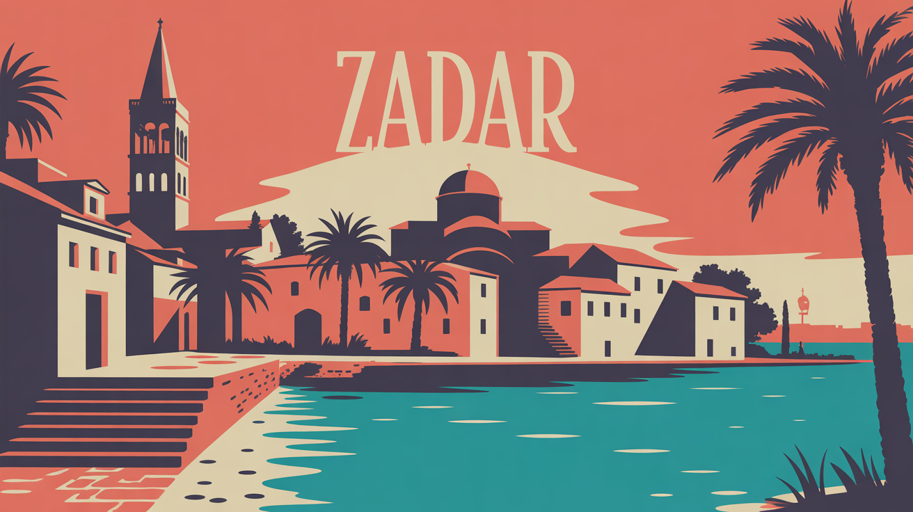 Vue stylisee de la vieille ville de Zadar, escaliers vers la mer et lumieres dorees