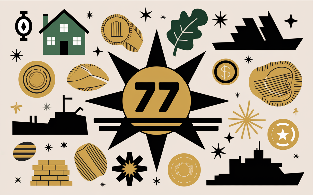 Carte imaginaire métiers en N, symboles, chiffre 77