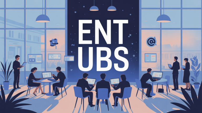 Scène paisible ENT UBS, étudiants et personnels sur ordinateurs, ambiance moderne