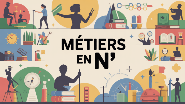 Panorama métiers en N, silhouettes, outils, texte, orientation