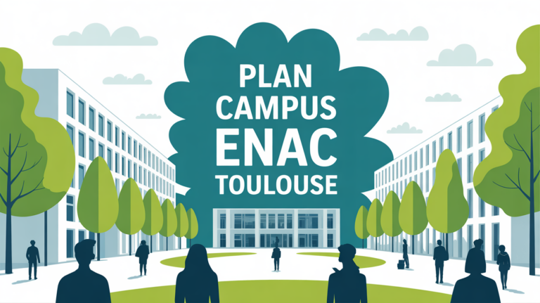 Illustration campus ENAC Toulouse avec étudiants et bâtiments