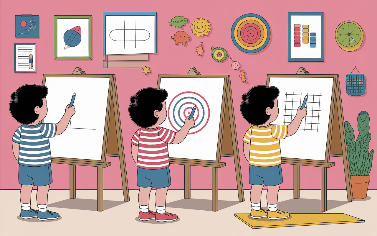Frise apprentissage graphisme PS point ligne rond spirale quadrillage