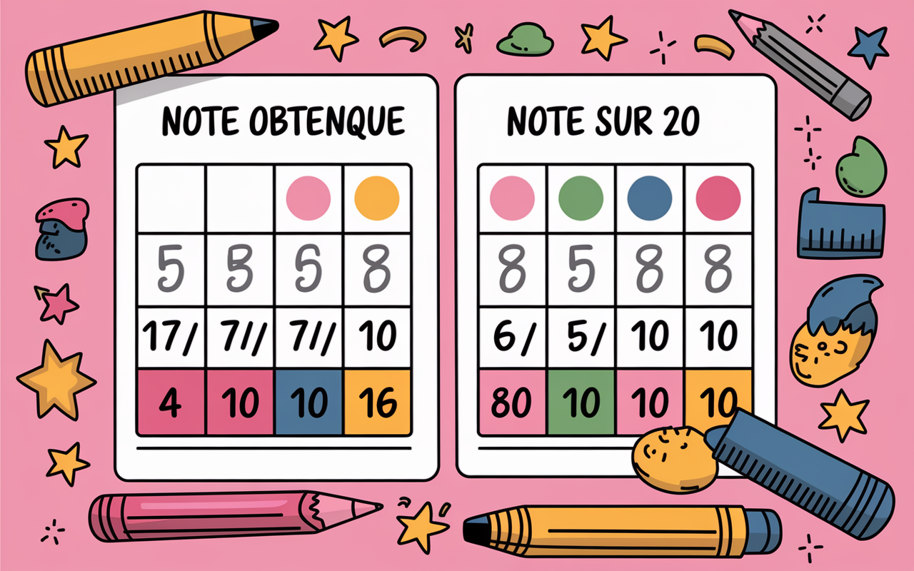 Tableau exemples conversion notes scolaires sur 20