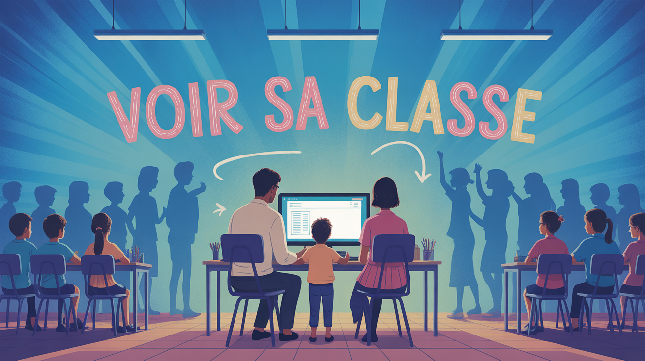famille découvre la classe sur un ordinateur rentrée scolaire