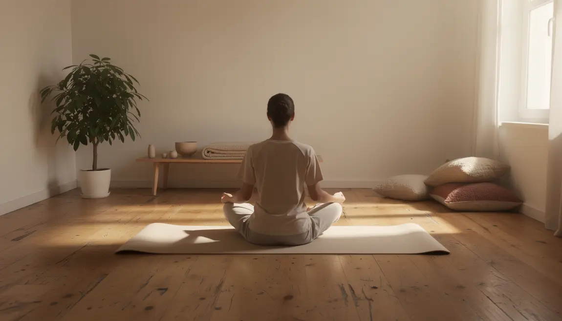 espace yoga maison minimaliste avec plante verte et accessoires