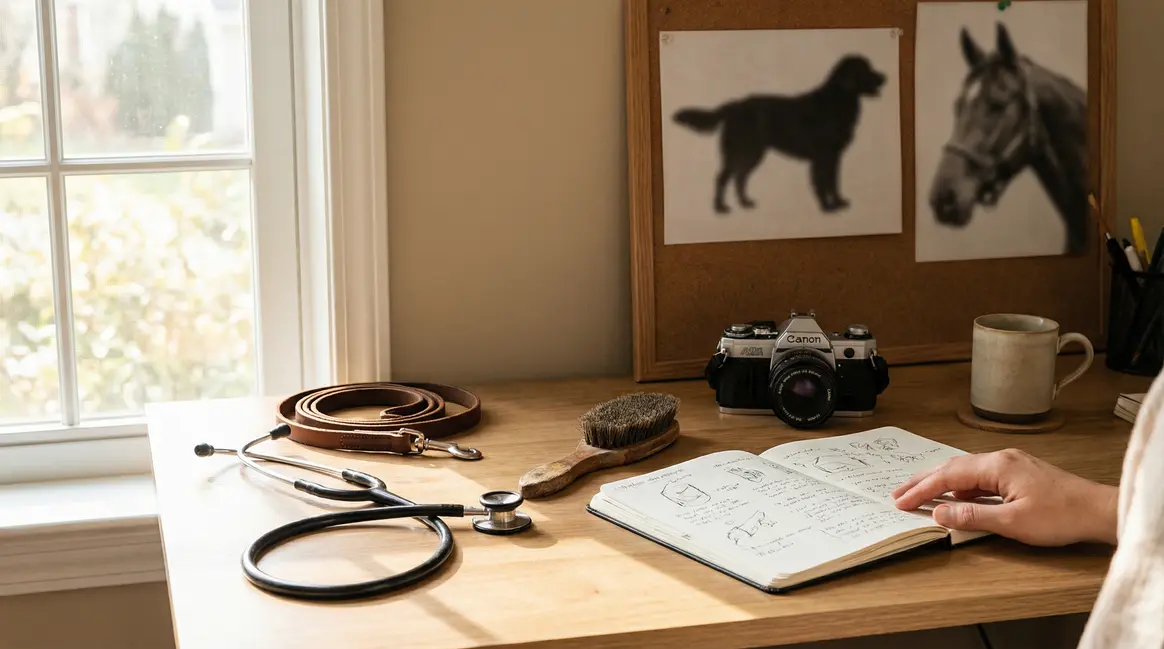 Bureau métiers animaliers avec stéthoscope et outils