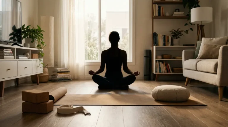 Routine yoga chez soi dans salon moderne