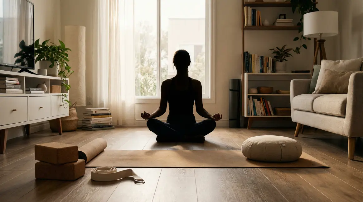 Routine yoga chez soi dans salon moderne