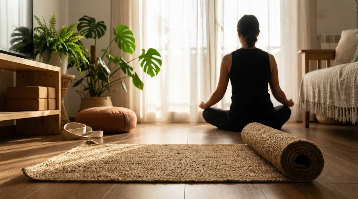 Tapis yoga debutant salon accessoires plantes
