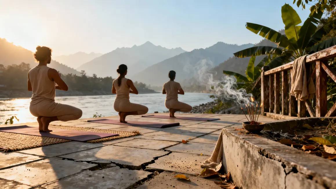 Seance yoga Rishikesh vue fleuve Gange