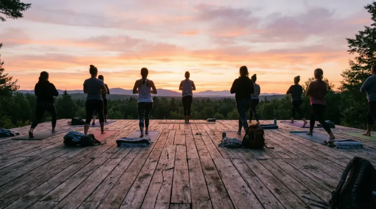 Groupe yoga lever soleil foret montagnes