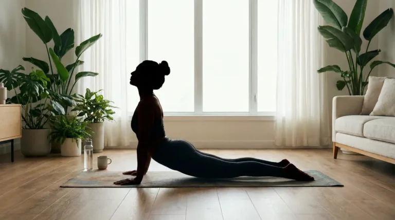 Personne fait posture du cobra yoga dans salon moderne, ambiance zen