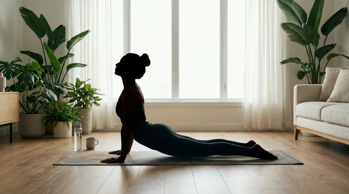 Personne fait posture du cobra yoga dans salon moderne, ambiance zen