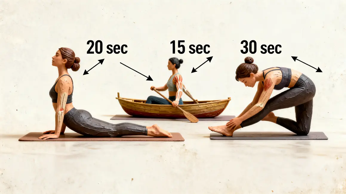 Schéma des postures yoga clés ventre plat avec muscles ciblés et durées