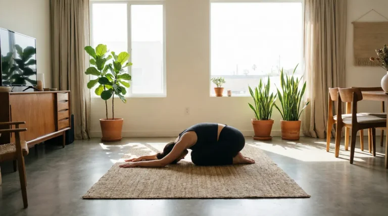 yoga quotidien posture simple tapis piece lumineuse matin bien-etre