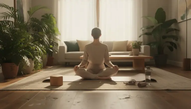 Personne assise sur tapis yoga entourée de plantes et accessoires zen