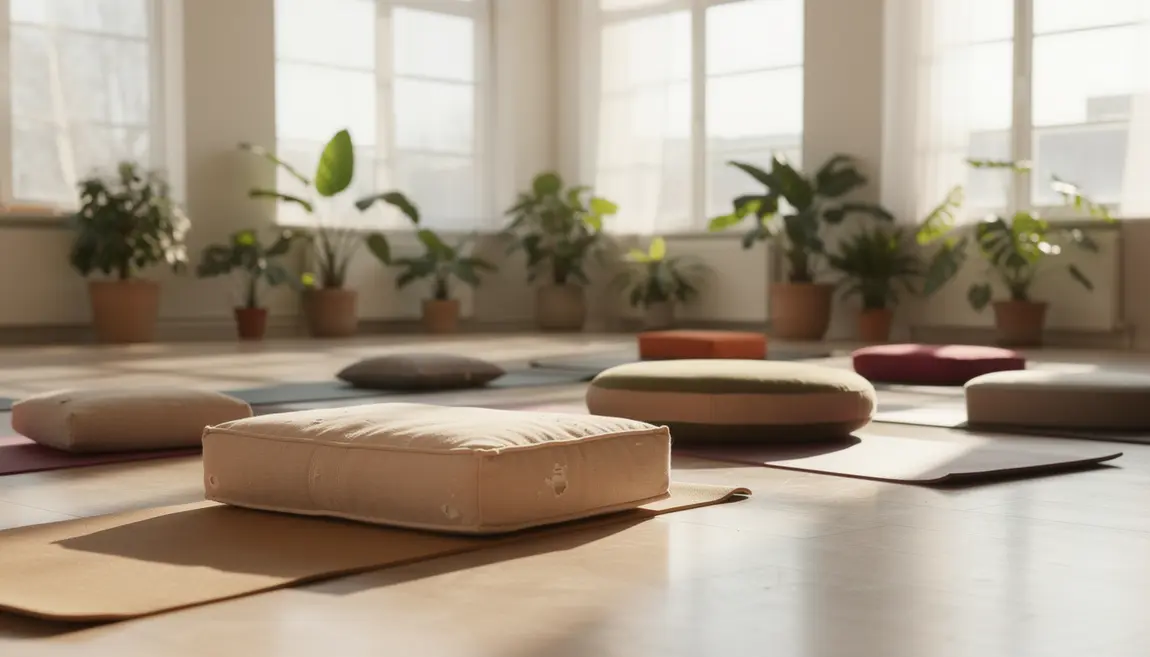 Ambiance naturelle et confortable avec coussin yoga colorés et plantes