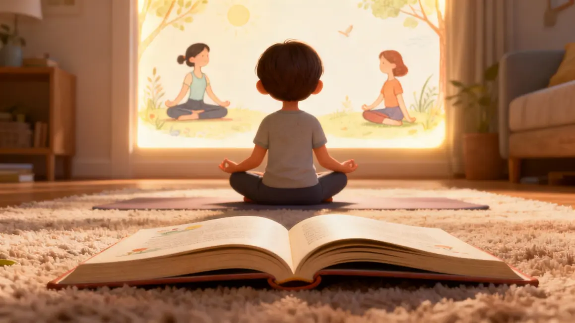 Enfant fait yoga avec livre meditation lumineux