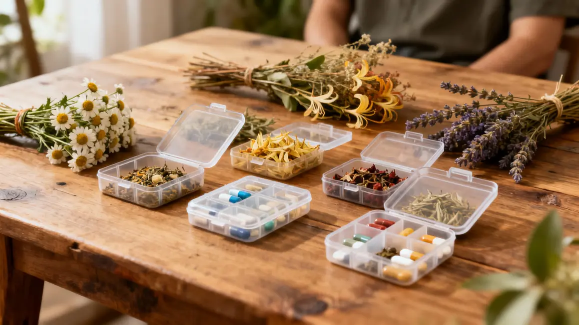 Tisanes et plantes relaxantes sur table anti-stress