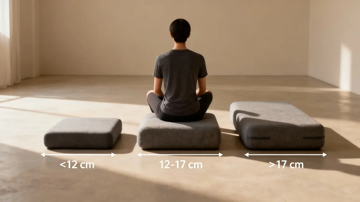 Personnage assis sur coussin yoga illustrant différentes hauteurs