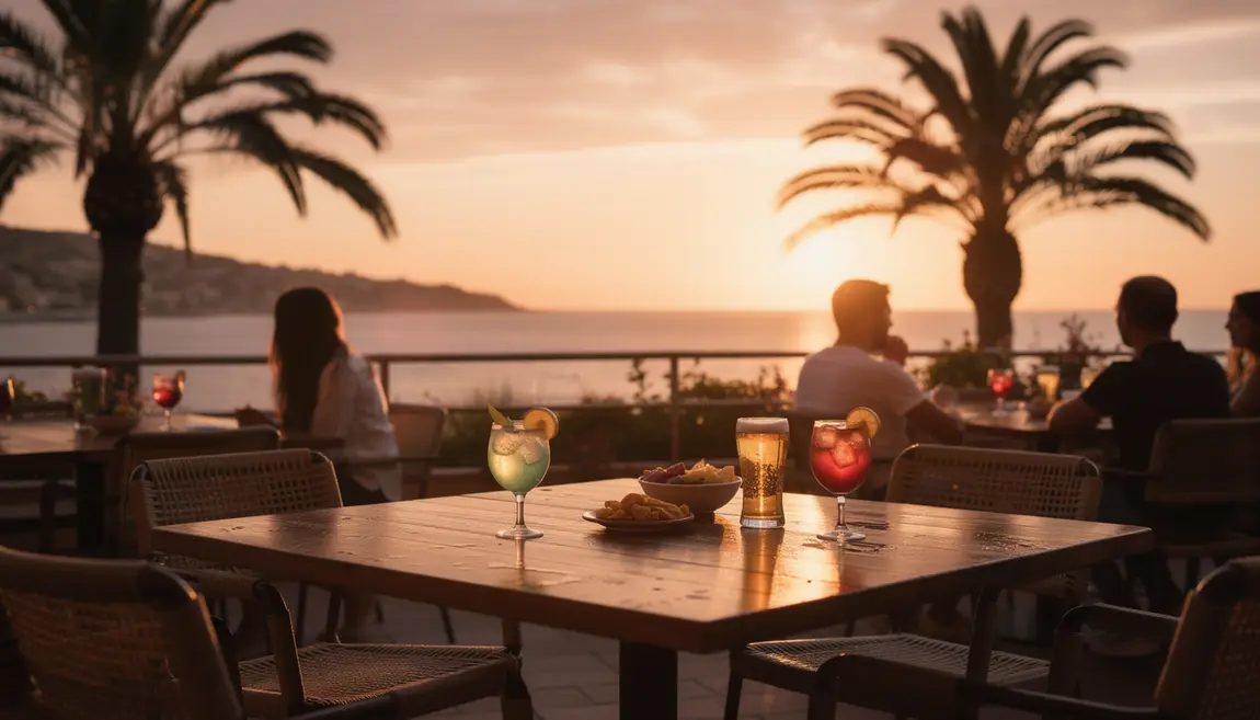 Photo soirée estivale terrasse Hyères coucher soleil cocktail