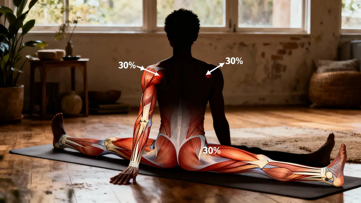 Posture yin yoga dos, schéma muscles, souplesse 30%.