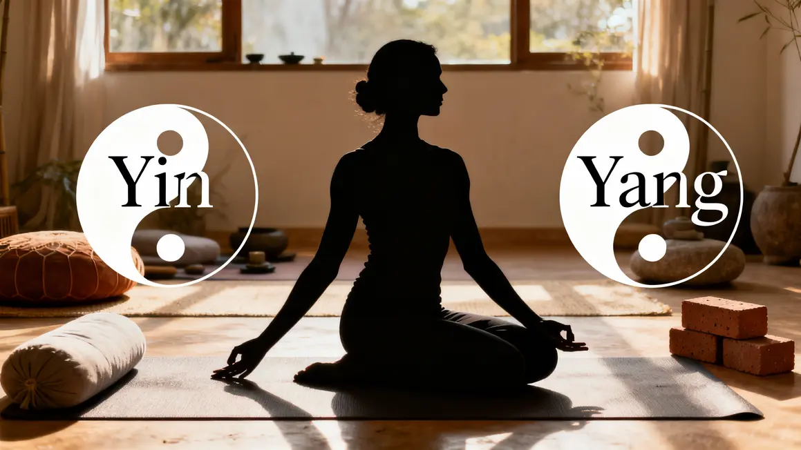 Posture yin yoga, accessoires, yin yang illustré.