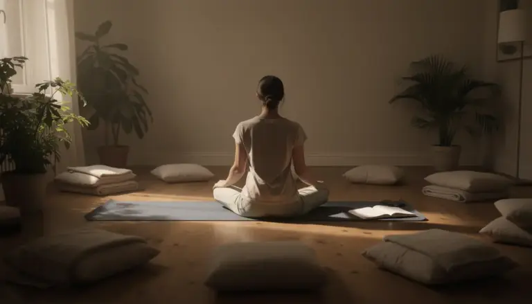 Tapis yoga, coussins, ambiance douce, posture assise.