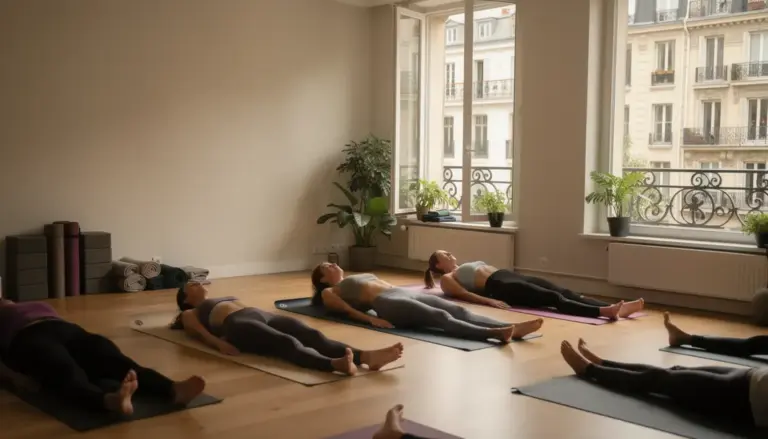 Studio de yoga urbain à Paris, lumière naturelle et tapis alignés