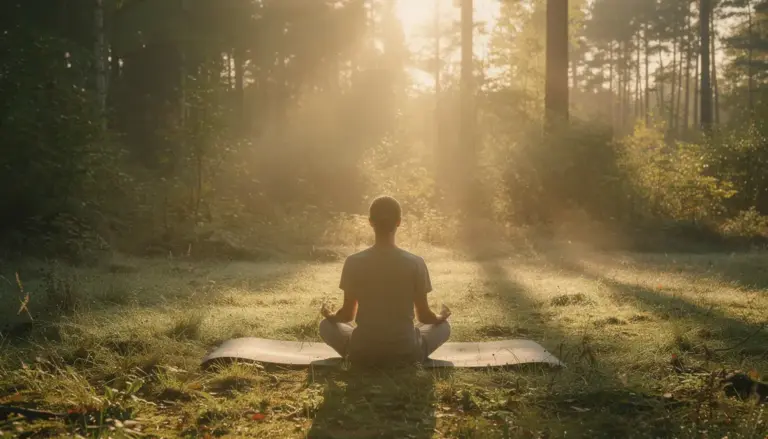 Tapis yoga herbe foret meditation matin brume