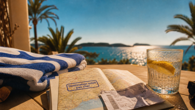 Destination soleil pas cher en hiver : terrasse bord de mer et carte de voyage