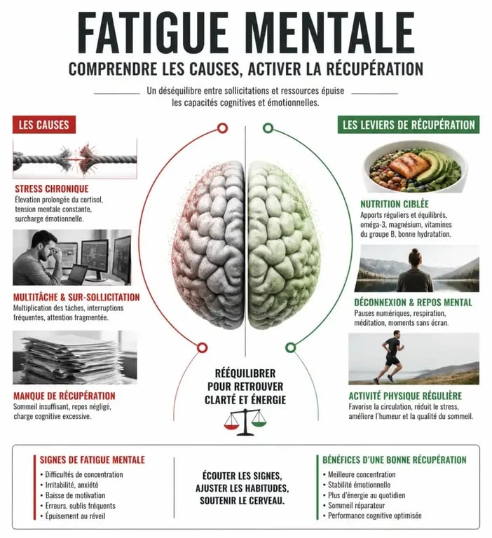 Infographie sur les causes et solutions pour retrouver de l'énergie mentale