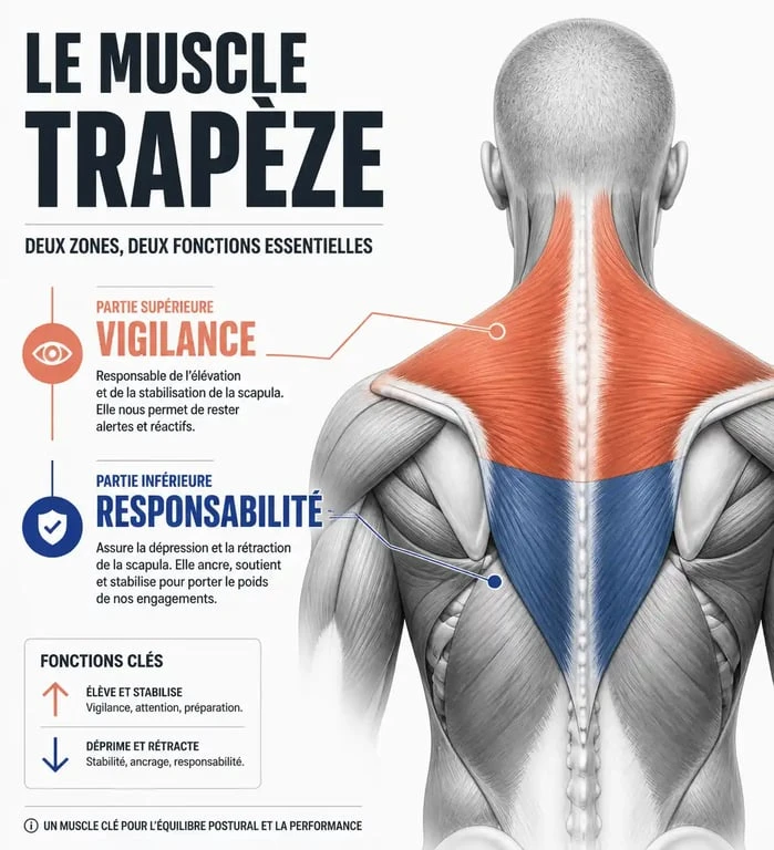 Signification spirituelle et émotionnelle de la douleur au trapèze : schéma des zones de tension