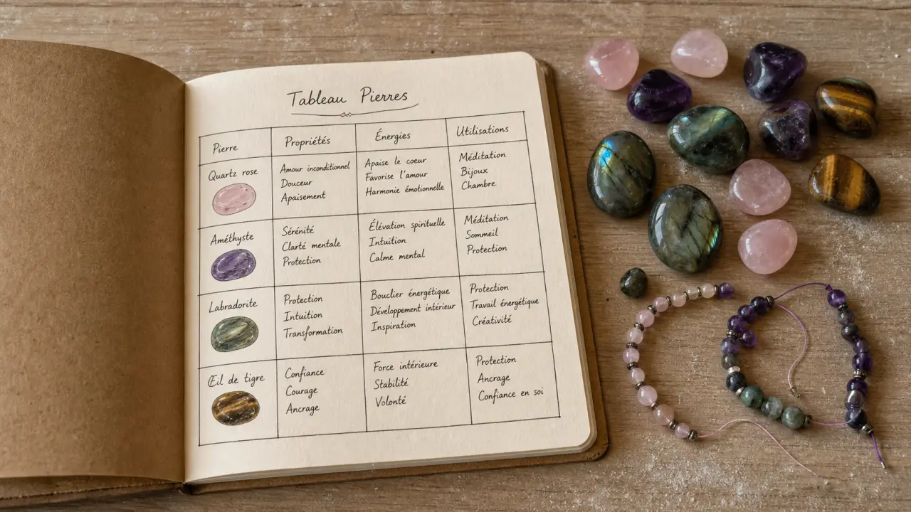 Tableau signification des pierres : quartz rose, améthyste, labradorite, œil de tigre et bracelets