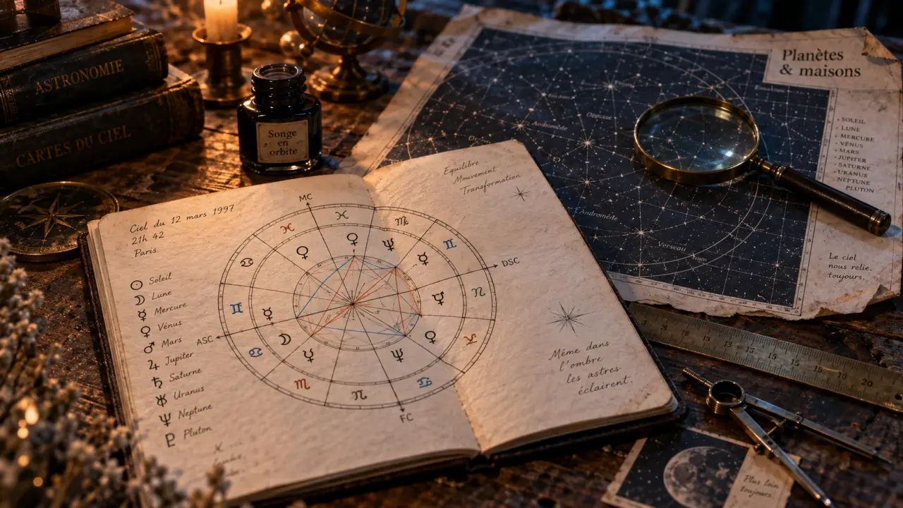 Astrologie planètes : carnet et carte du ciel avec schéma des maisons et aspects