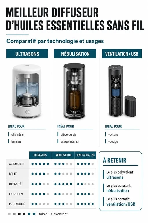 Comparatif du meilleur diffuseur huiles essentielles sans fil selon la technologie et l’usage