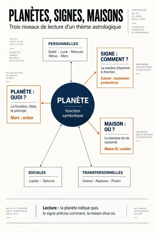 Schéma des planètes en astrologie, des signes et des maisons