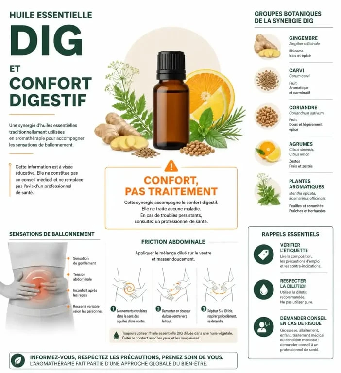 Infographie sur l'huile essentielle DIG bienfaits, composition, friction abdominale et précautions d'utilisation