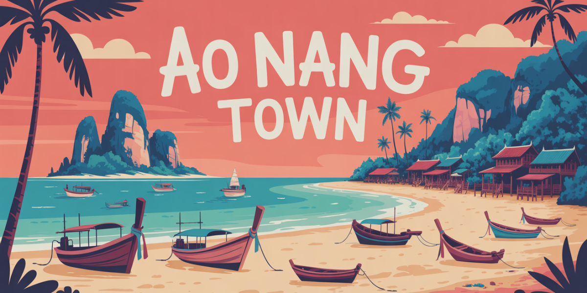 Illustration village Ao Nang town plage falaises vie locale