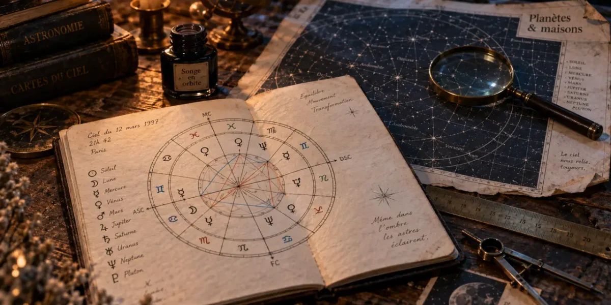 Astrologie planètes : carnet et carte du ciel avec schéma des maisons et aspects