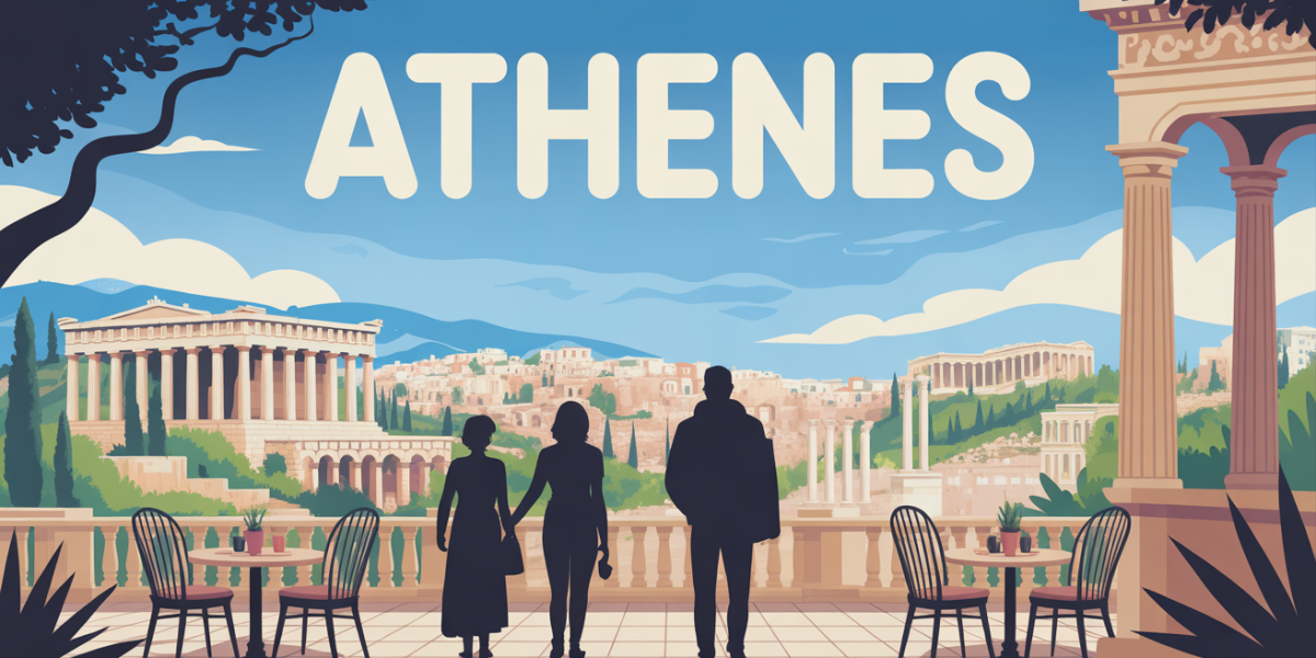 Panorama Athènes monuments antiques avec terrasse café