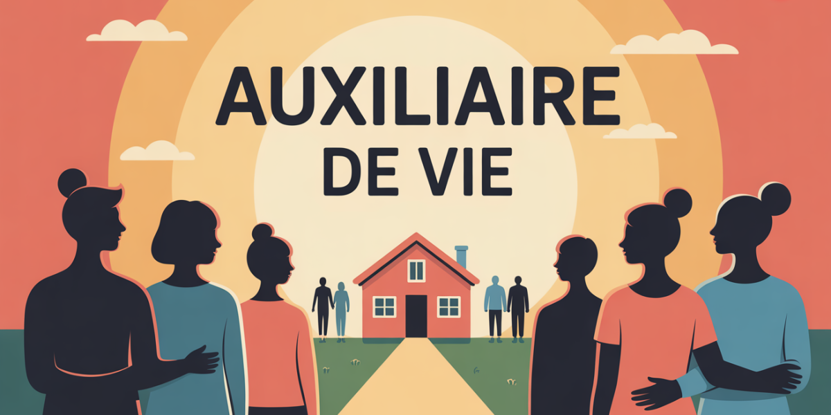 Silhouettes personnes auxiliaire de vie entraide devant maison