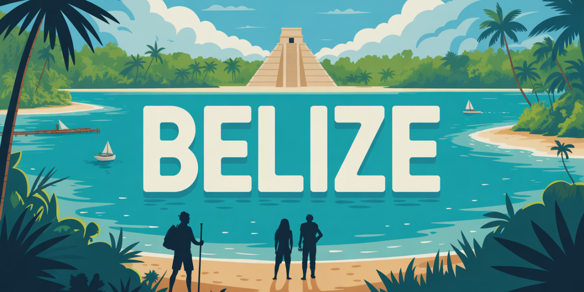 Illustration Belize lagon turquoise jungle pyramide
