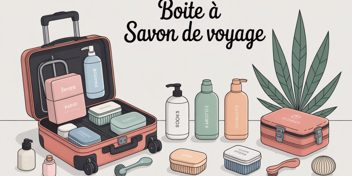 Valise ouverte avec plusieurs boites a savon de voyage design alignées