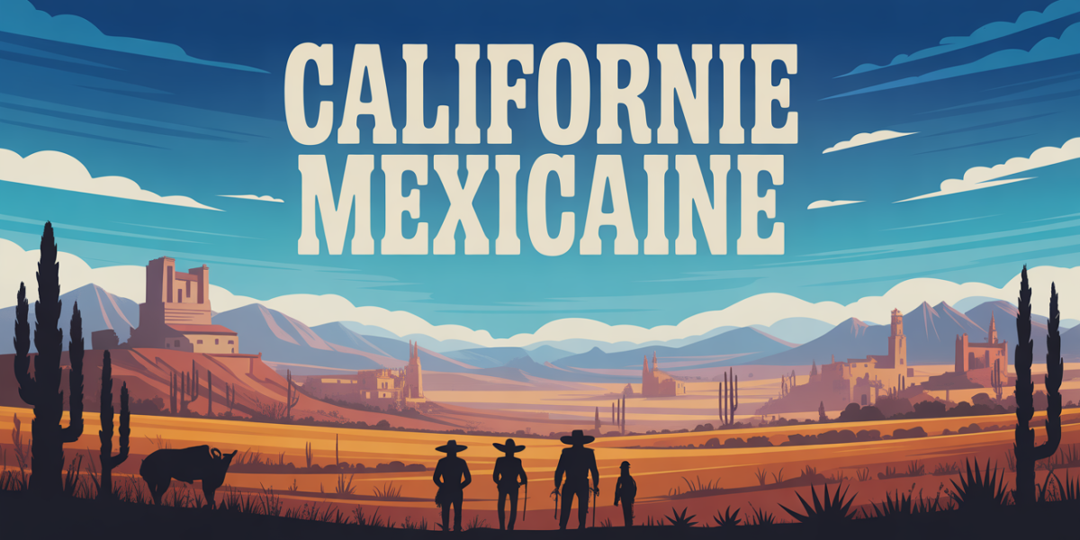 Panorama stylisé paysage Californie mexicaine mission rancho vaquero