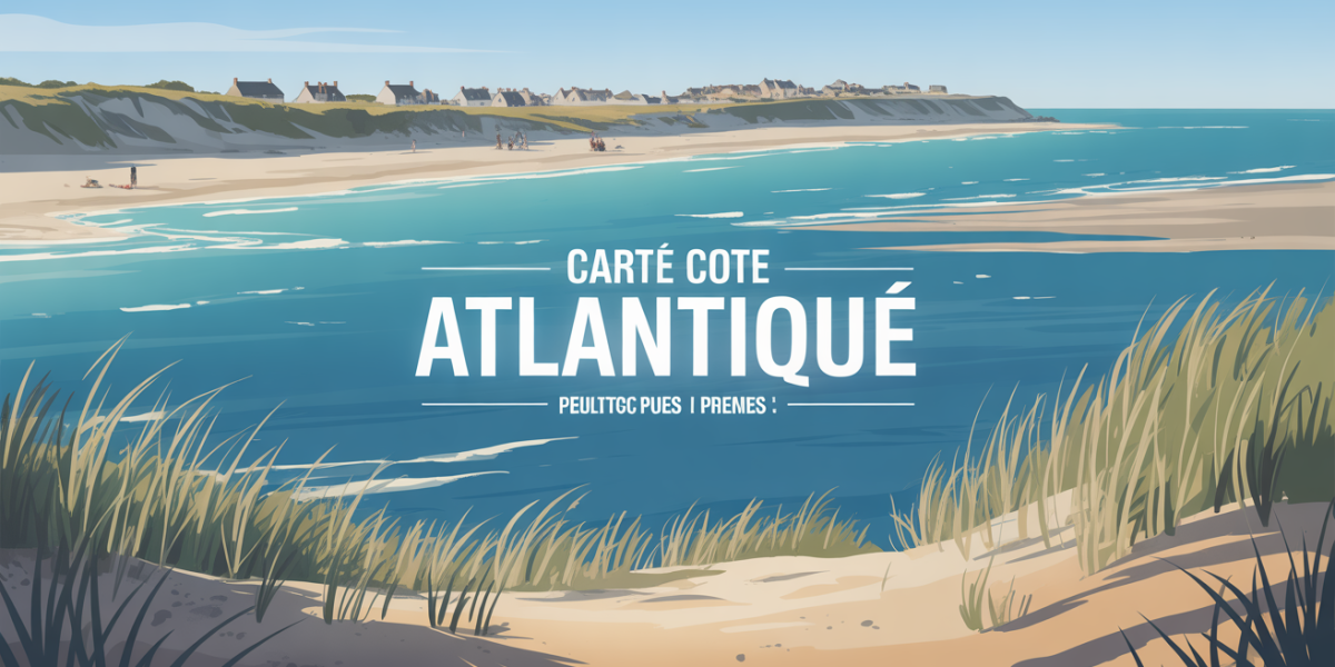Carte stylisee de la cote atlantique francaise avec ocean dunes et villages