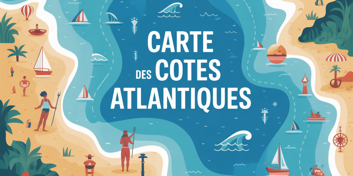 Carte des cotes atlantiques stylisee avec phares et plages