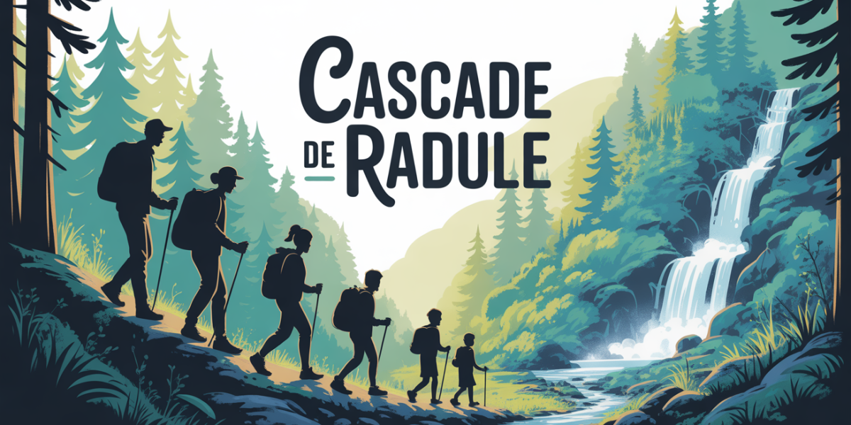 Foret de pins du sentier Cascade de Radule avec famille en randonnee