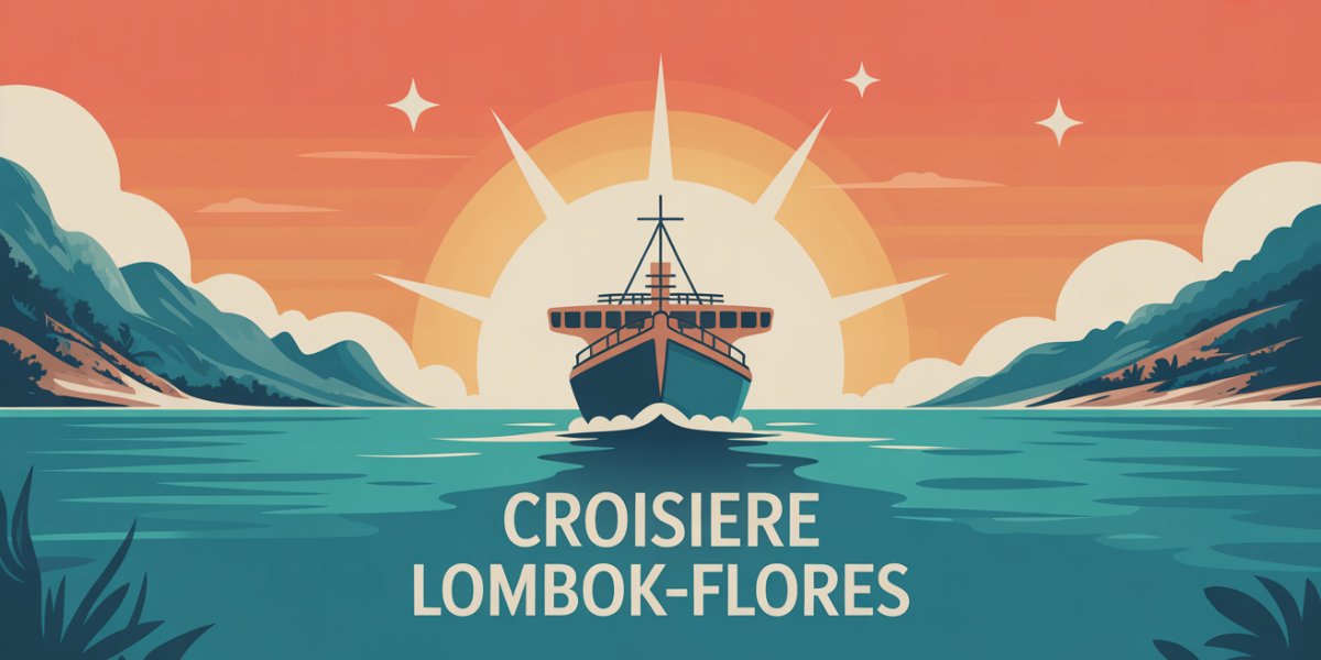 Illustration bateau croisiere Lombok Flores sur mer turquoise lever de soleil